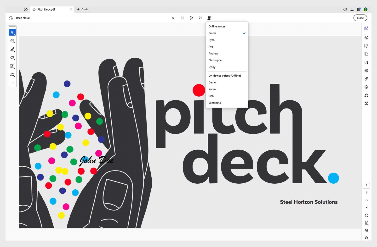 Impostazioni di Leggi ad alta voce di Acrobat che mostrano le opzioni per le voci premium.