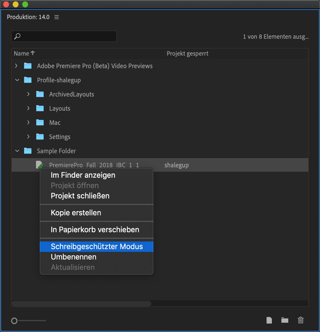 Ändern des Projektsperrstatus