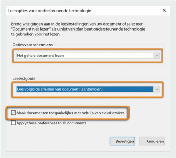 Leesopties voor ondersteunende technologie