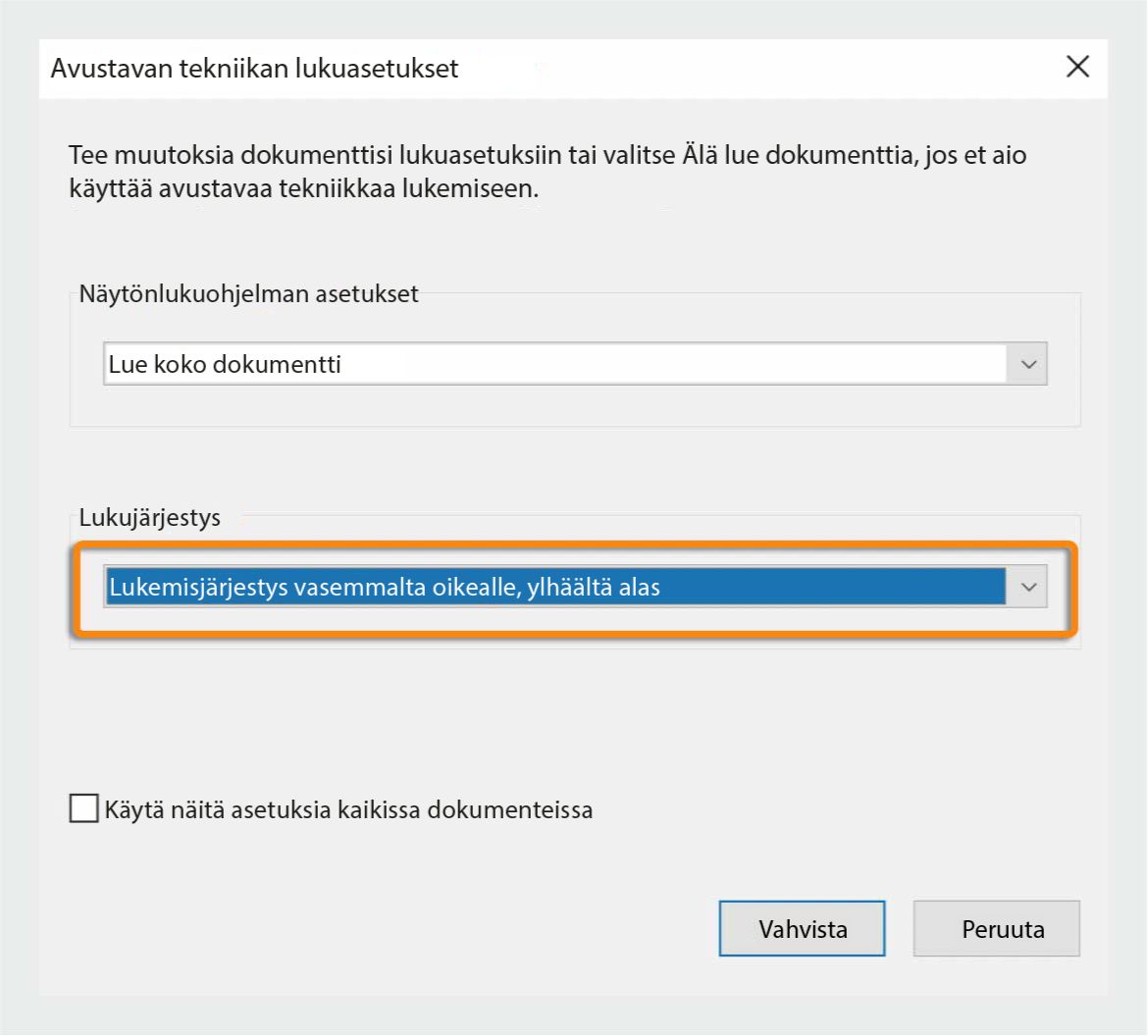 Avustavan teknologian lukuvaihtoehdot, kun pilvipalvelu ei ole käytössä