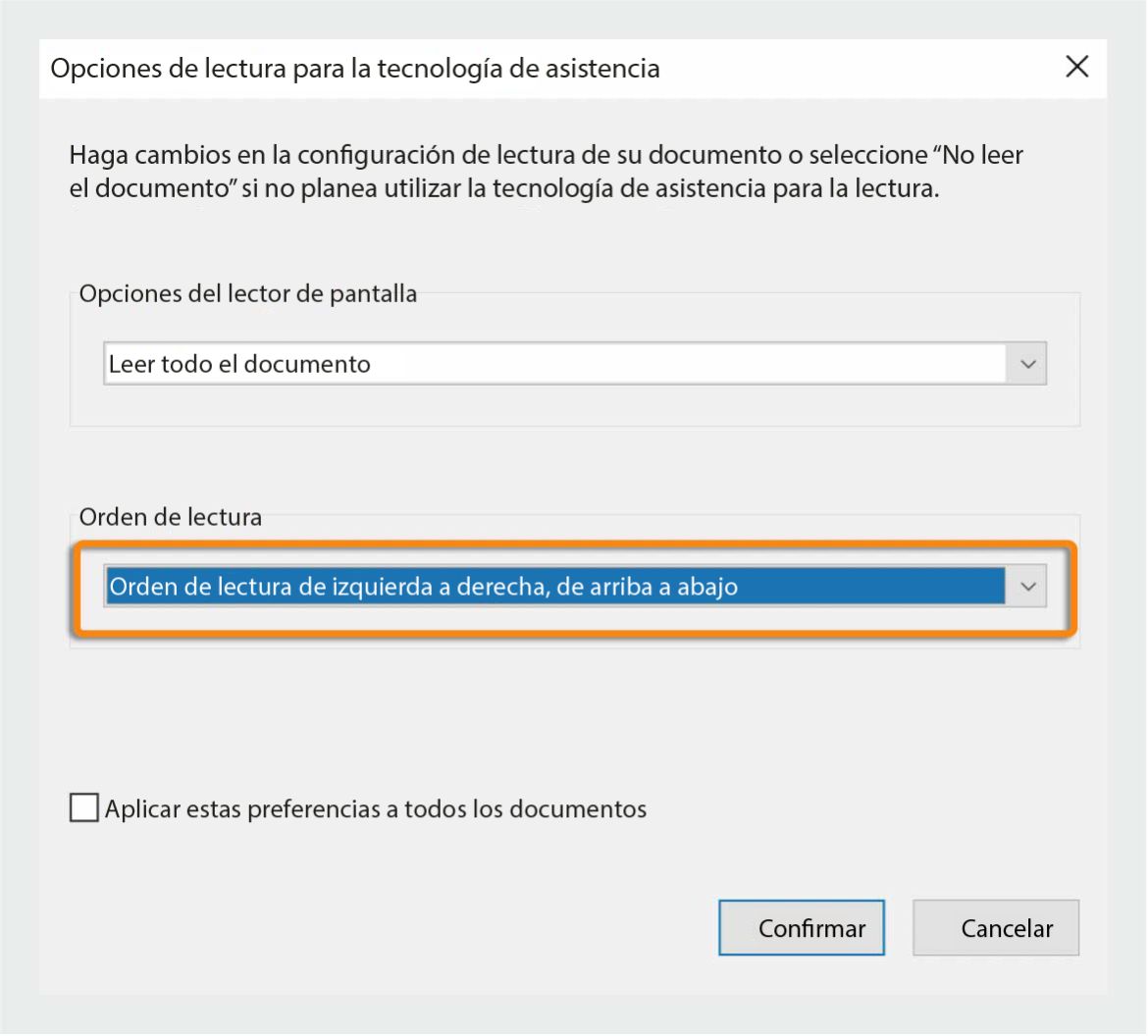 Opciones de lectura para tecnología de asistencia cuando no se usa el servicio en la nube