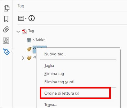 Accesso allo strumento Ordine di lettura dalla struttura ad albero dei tag