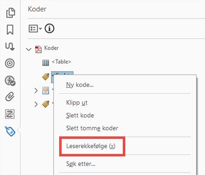 Tilgang til verktøyet for leserekkefølge fra kodetreet
