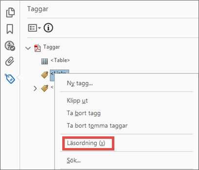 Få åtkomst till Läsordning från taggträdet