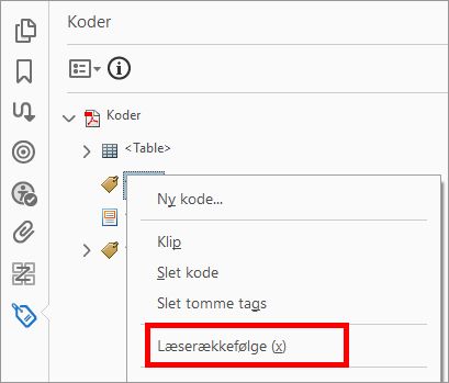 Adgang til værktøjet Læserækkefølge fra tagtræet