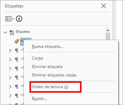 Acceder a la herramienta Orden de lectura desde el árbol de etiquetas