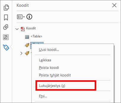 Lukemisjärjestys-työkalun käyttäminen koodipuusta