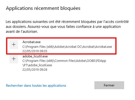 Applications récemment bloquées