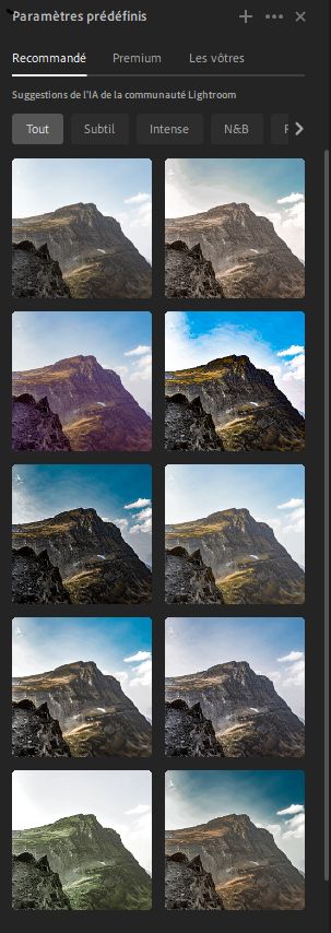 Paramètres prédéfinis recommandés dans Lightroom
