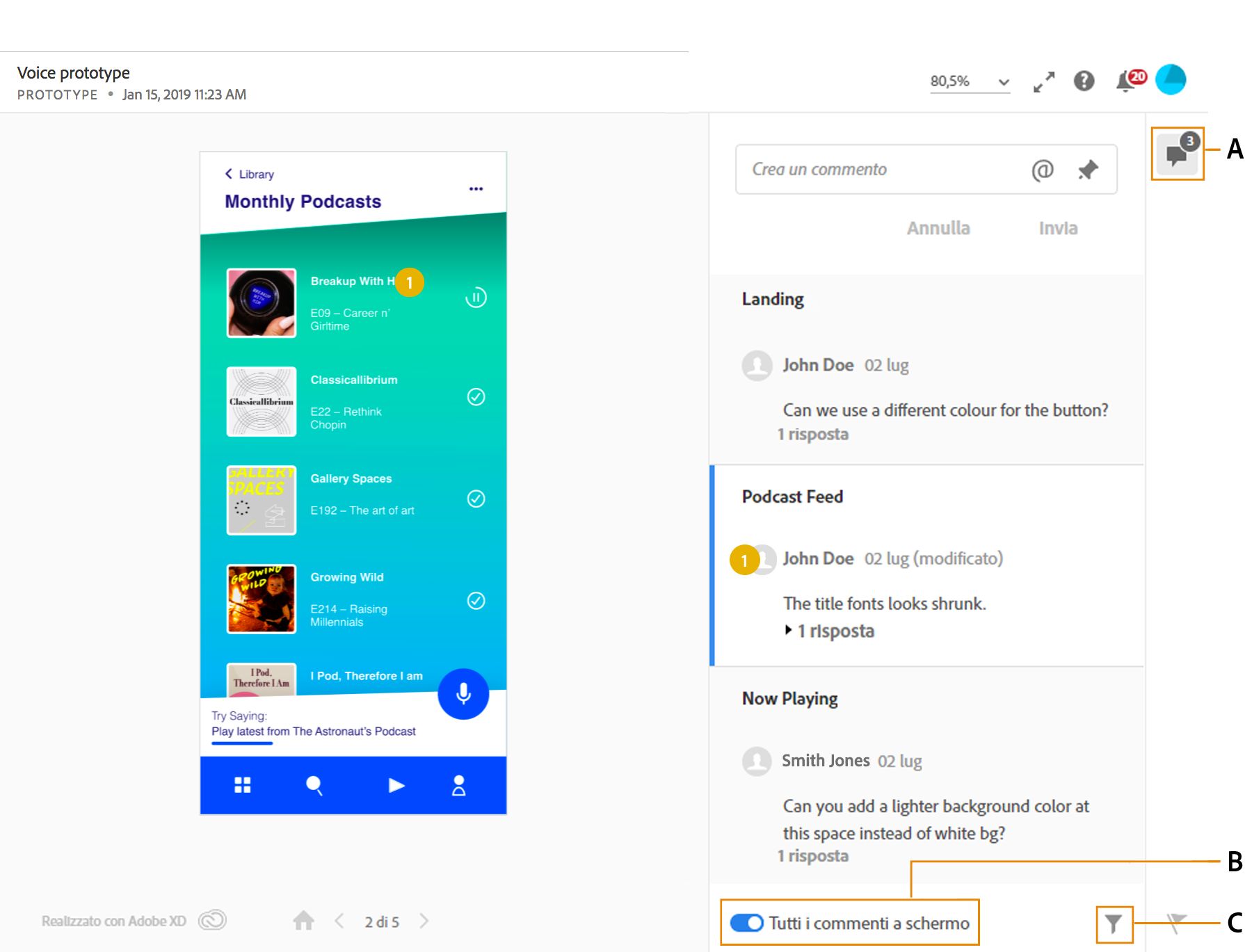 Visualizzazione dei commenti in più tavole da disegno