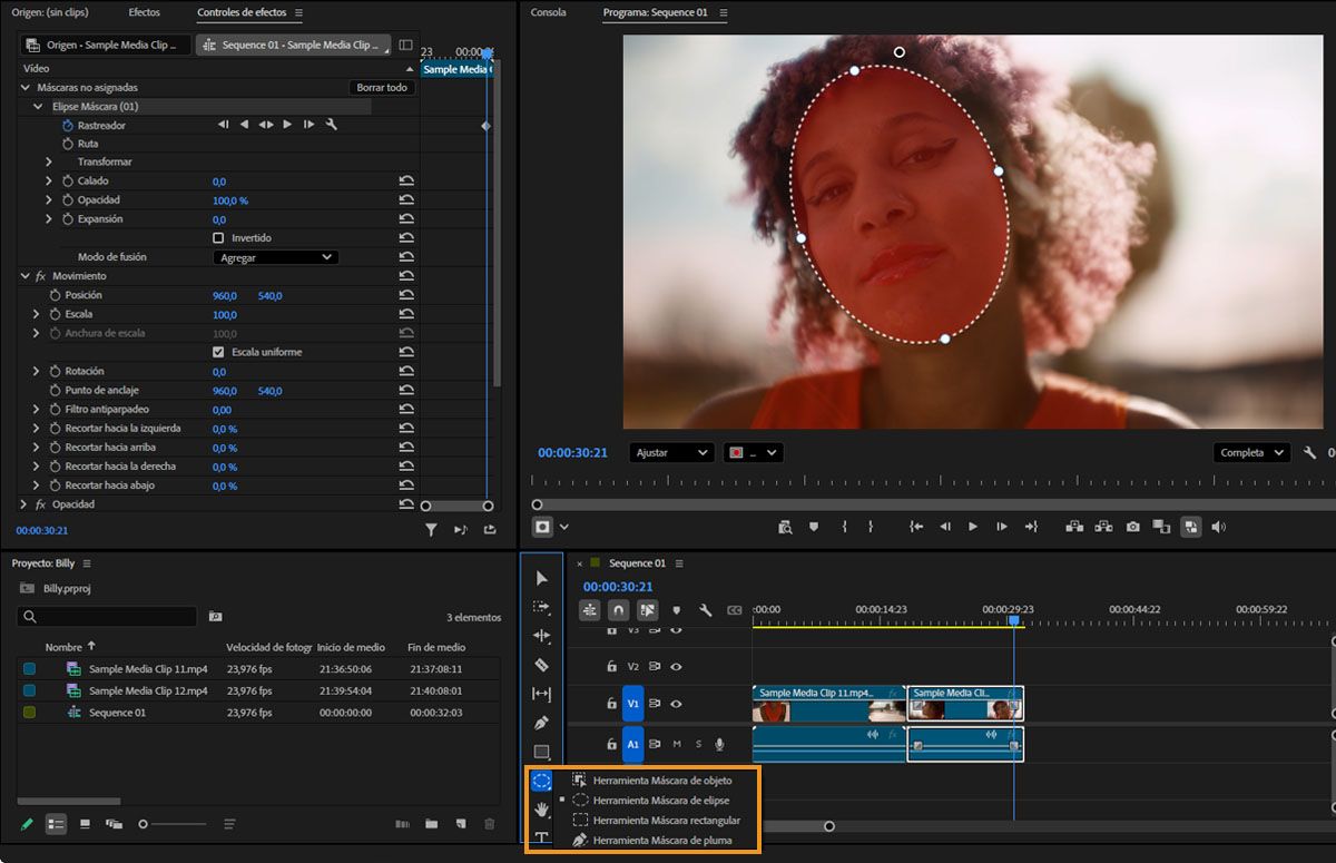 Herramientas de enmascaramiento de objetos, Rectangle, Elipse y Pluma, resaltadas en el panel Tools de Premiere.