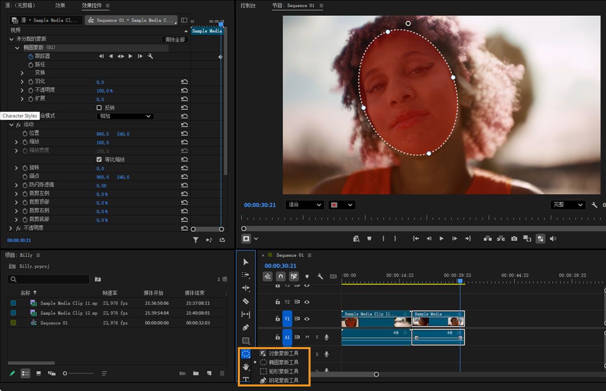 突出显示 Premiere“工具”面板中的矩形、椭圆和钢笔对象遮罩工具。
