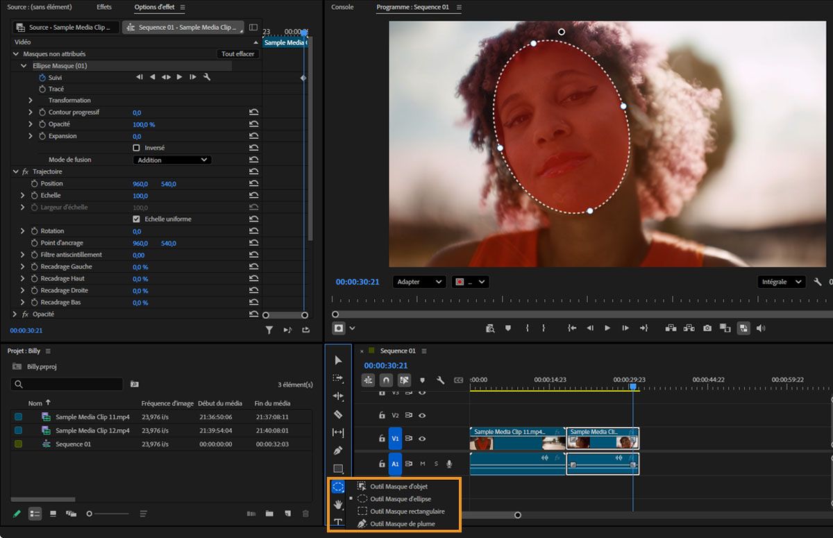 Outils de masquage d’objets, Rectangle, Ellipse et Stylet, mis en évidence dans le panneau Outils de Premiere.