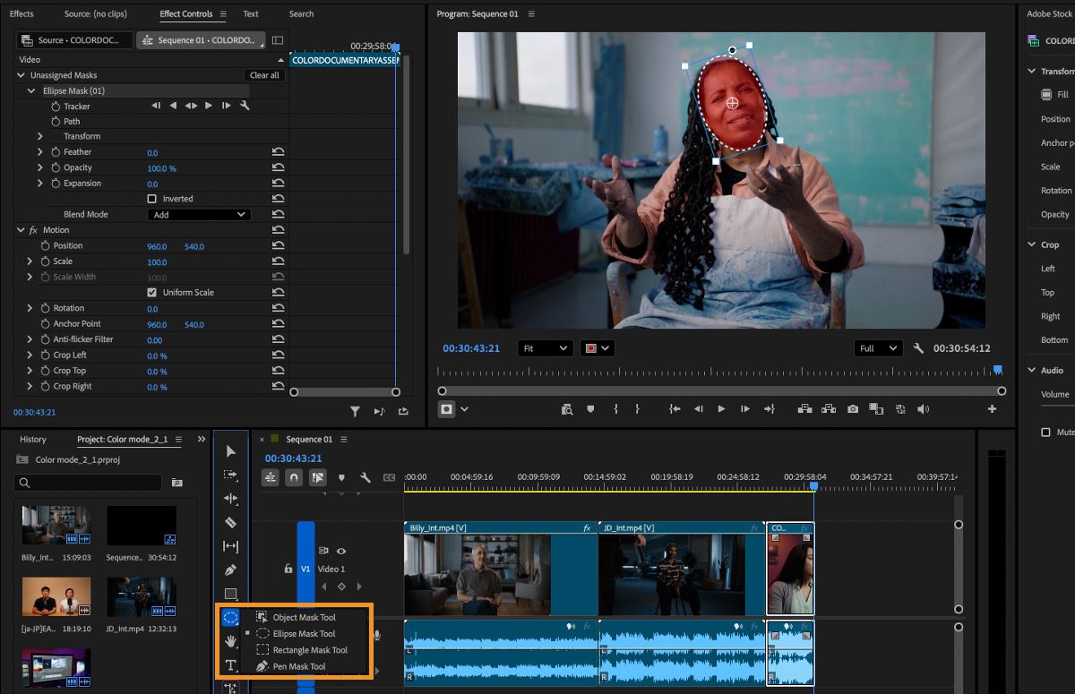 Object masking tools, Rectangle, Ellipse, and Pen, highlighted in the Tools panel of Premiere.