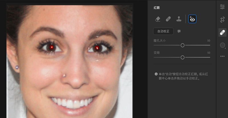 Lightroom 桌面版中的“红眼”工具