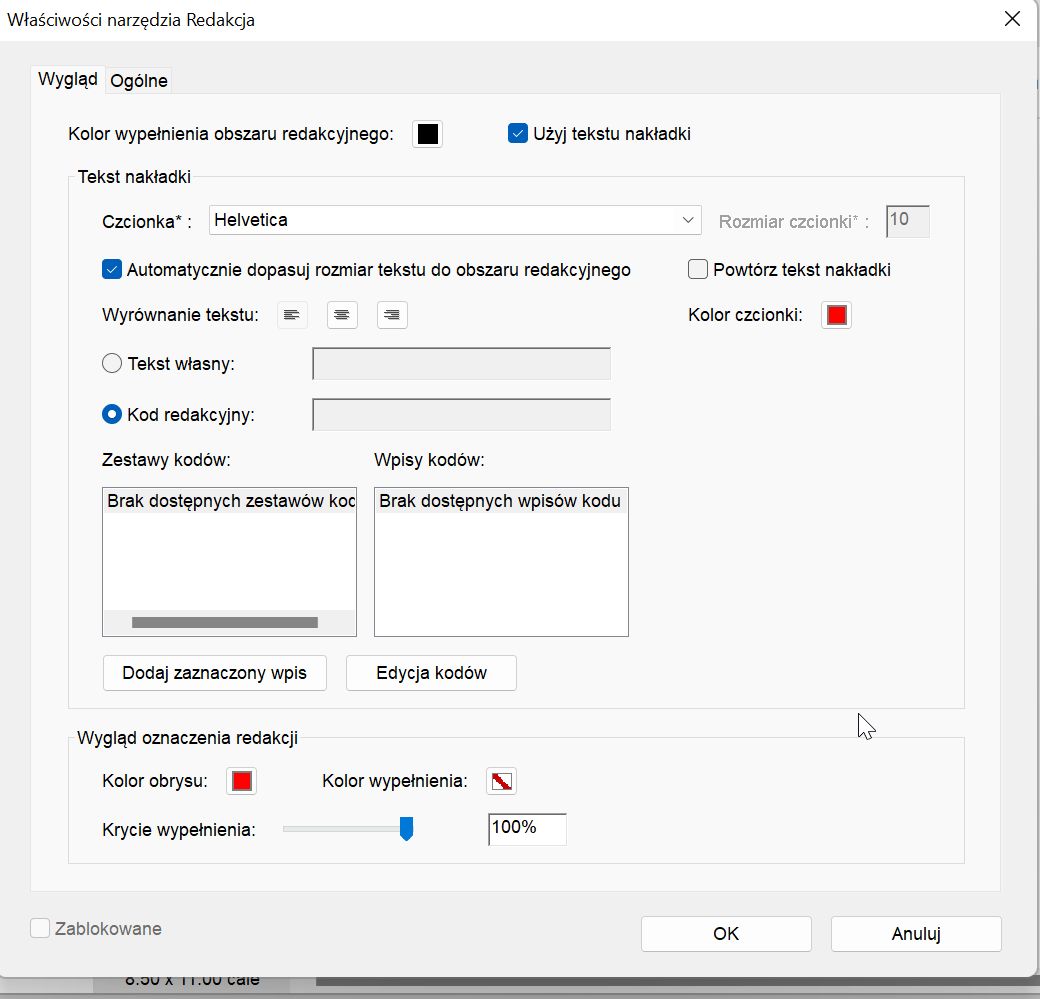 Właściwości narzędzia Redakcja w Acrobat