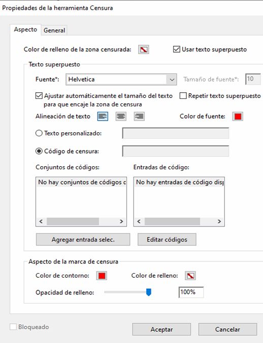 Propiedades de la herramienta Censura en Acrobat