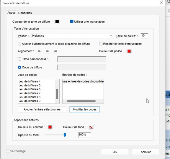 Propriétés de l’outil Biffure dans Acrobat