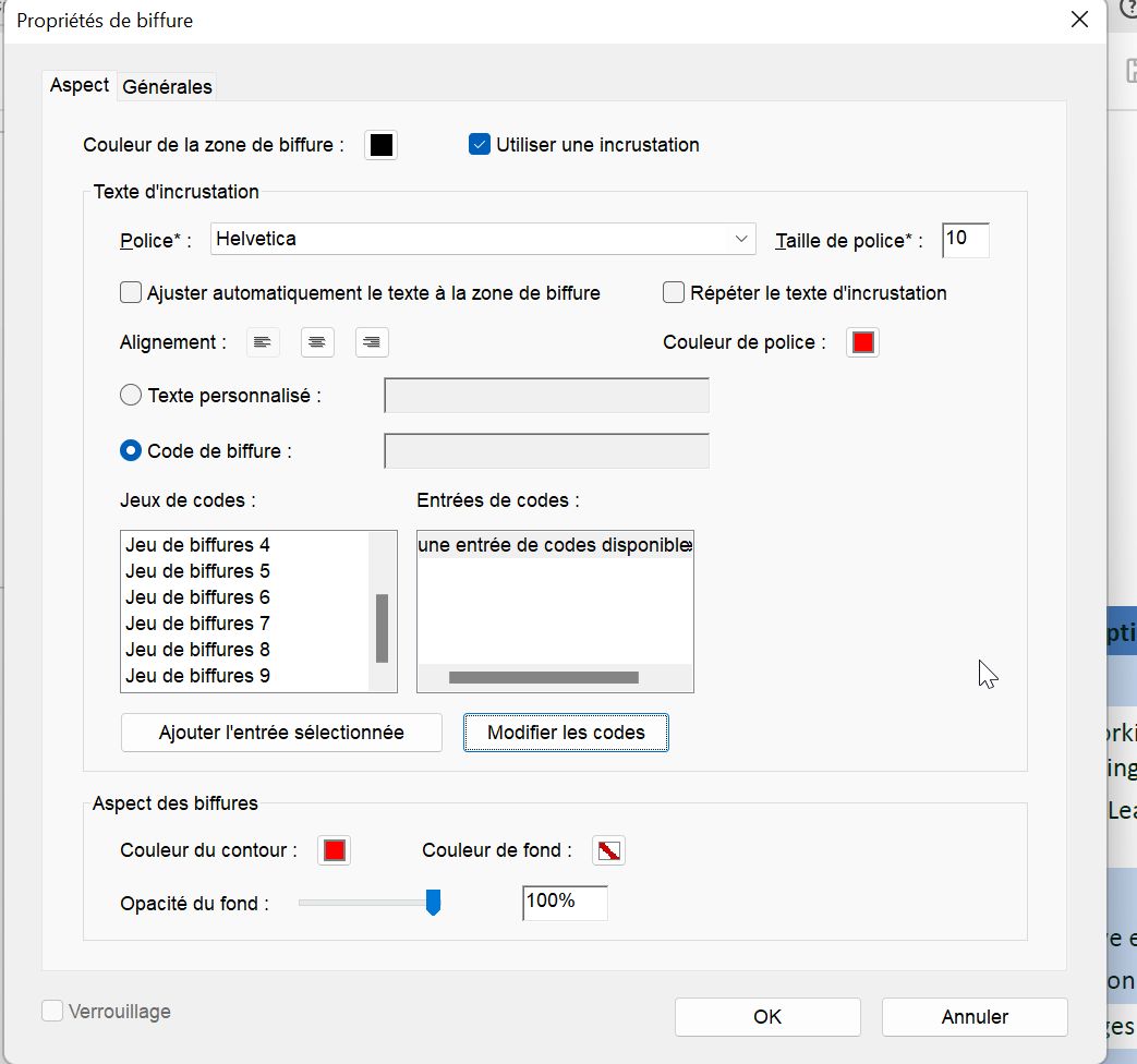 Propriétés de l’outil Biffure dans Acrobat