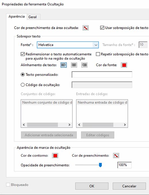 Propriedades da ferramenta Redação no Acrobat