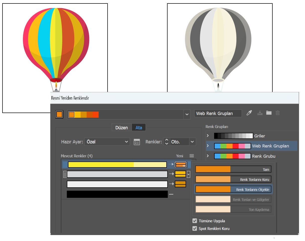 Seçilen rengi iki renge azaltma