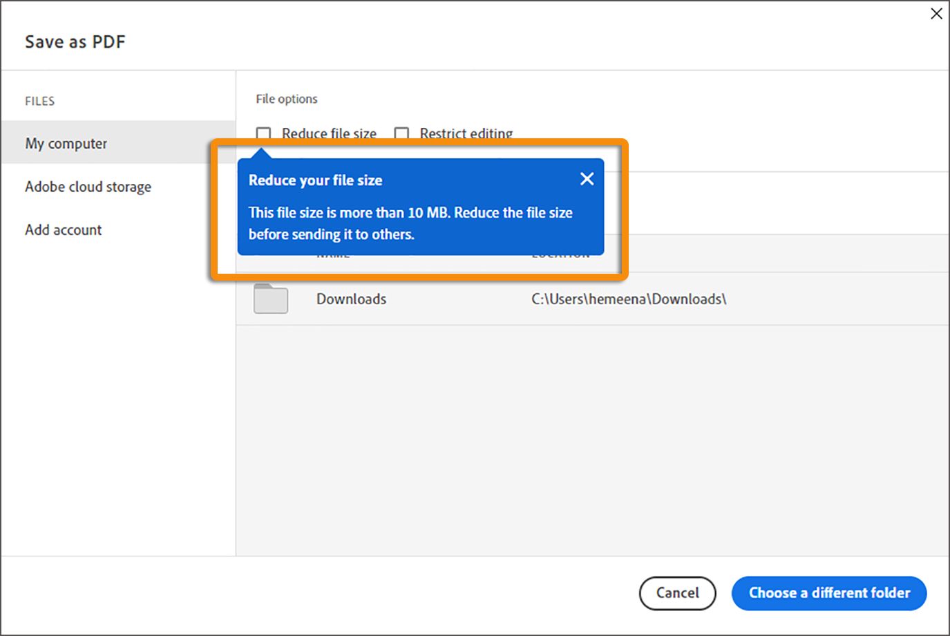 Invitation à réduire la taille du fichier lors de l’enregistrement d’un PDF volumineux