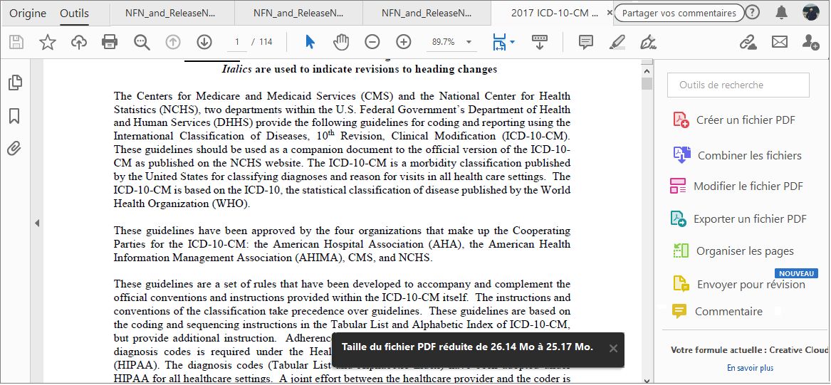 Message indiquant que la taille du fichier a été réduite