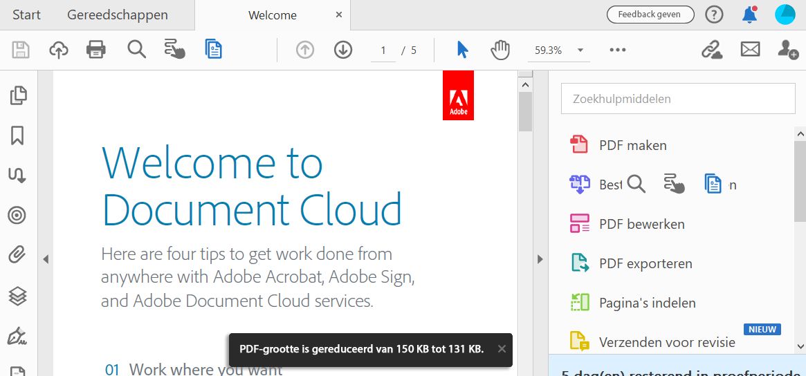Bericht dat de bestandsgrootte is gereduceerd
