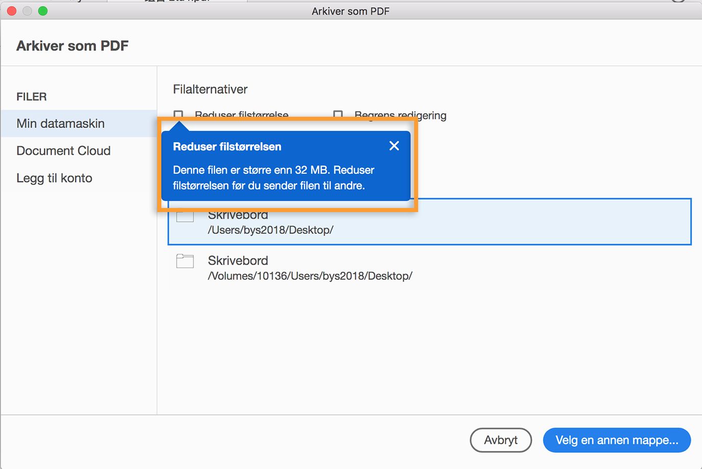 Be om å redusere filstørrelsen mens du lagrer en stor PDF