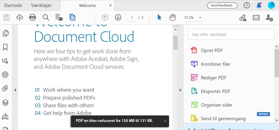 Besked om vellykket filstørrelsesreduktion