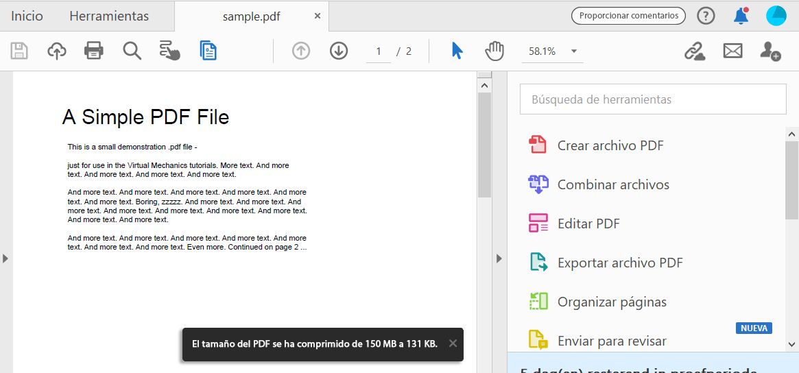 Mensaje de reducción del tamaño de archivo realizado correctamente