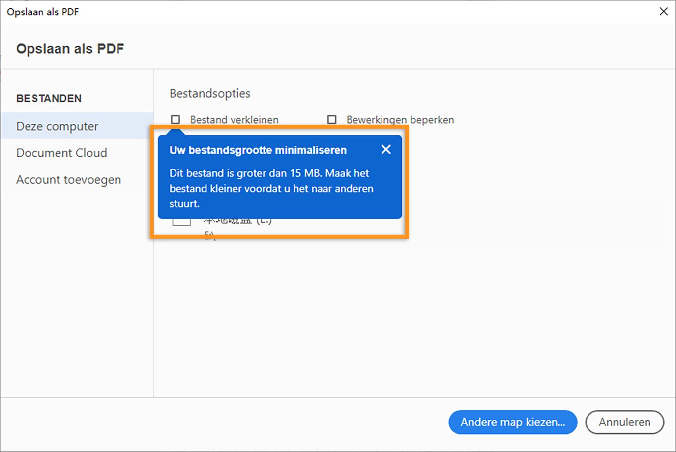 Vragen om bestandsgrootte te verkleinen tijdens opslaan van een grote PDF
