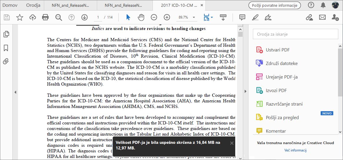 Sporočilo o uspešnem zmanjšanju datoteke