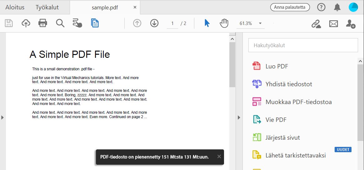 Tiedostokoon pienentämisen onnistumisesta kertova viesti
