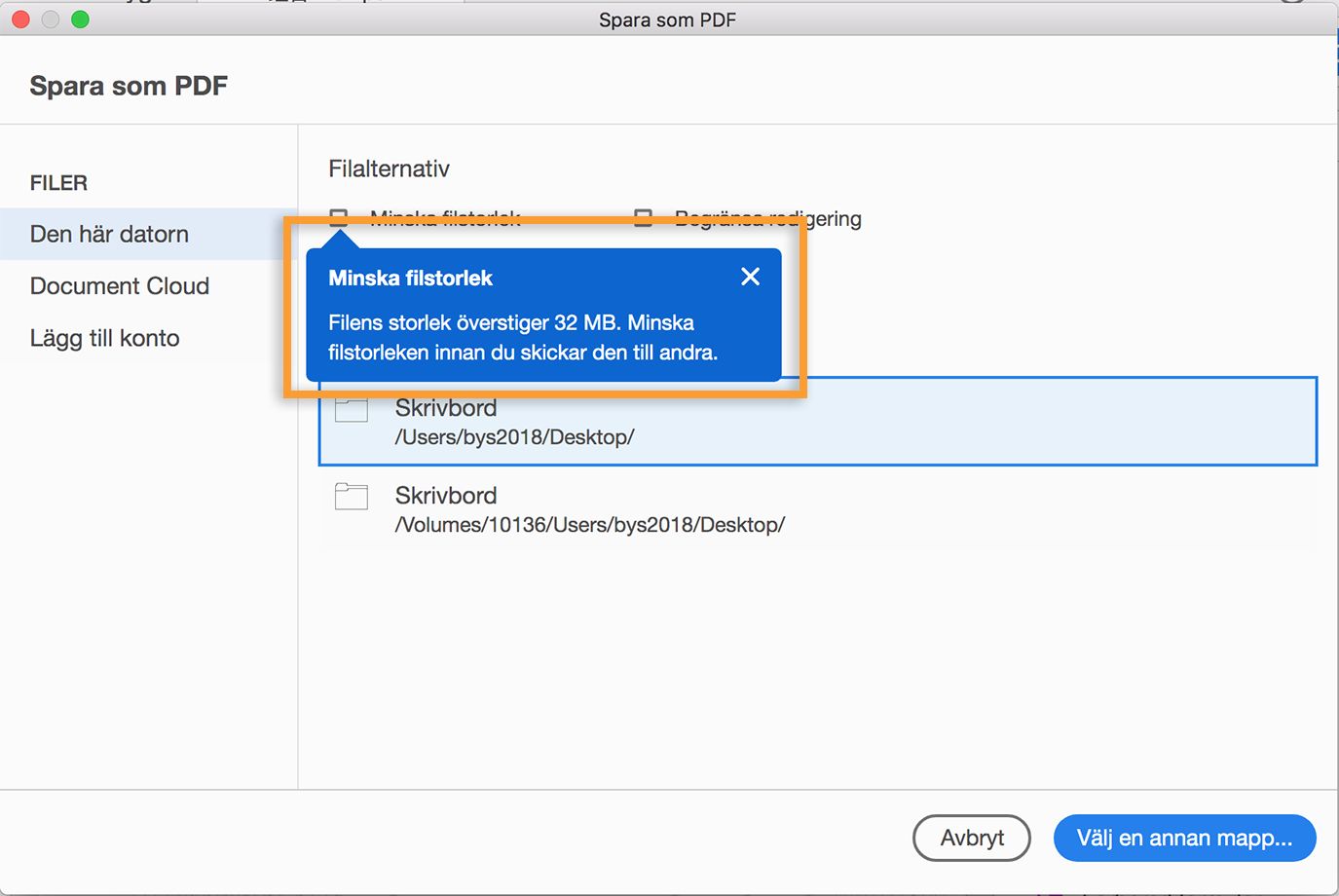 Uppmanar om att reducera filstorleken medan du sparar en stor PDF