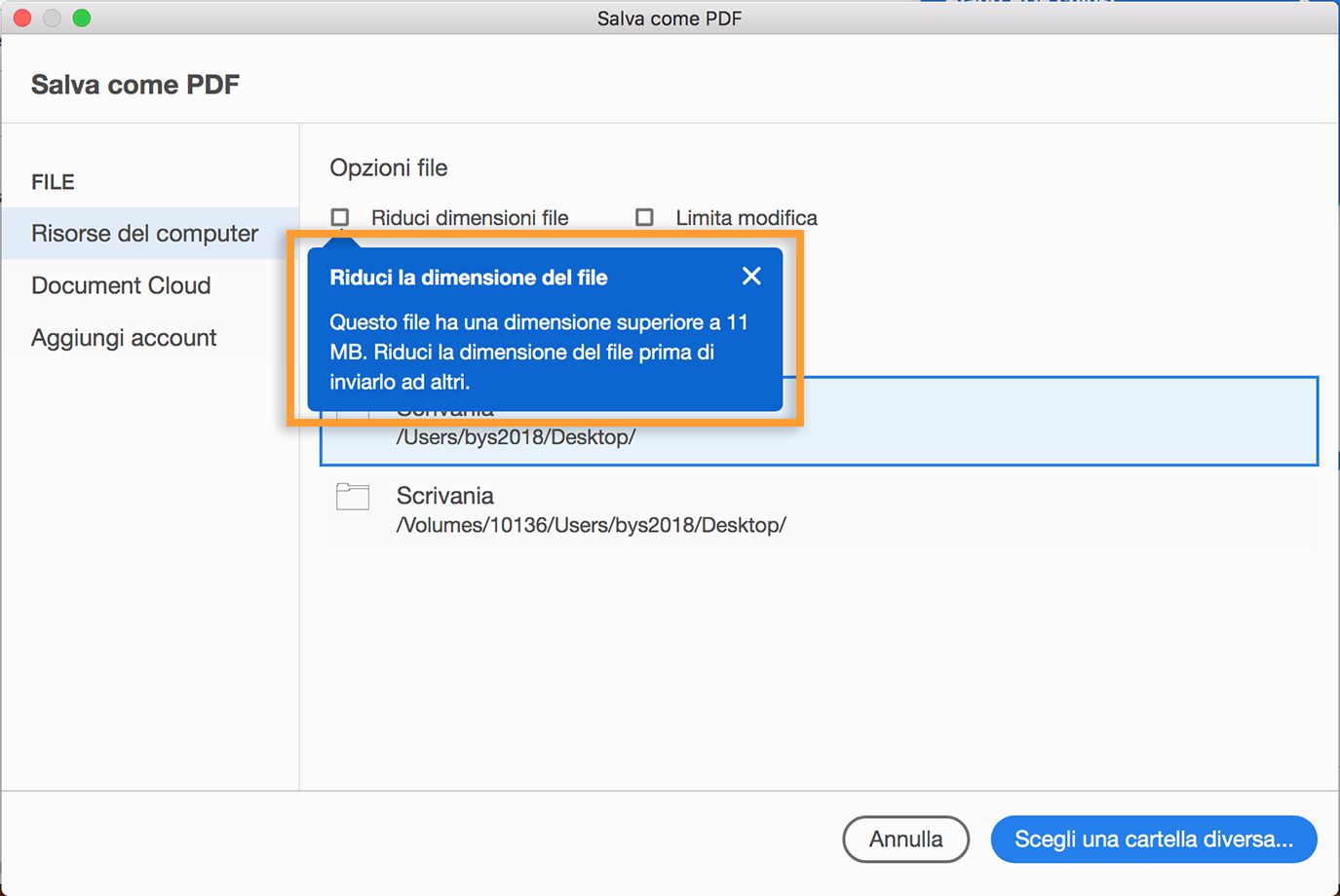 Richiesta di ridurre le dimensioni del file quando si salva un PDF di grandi dimensioni