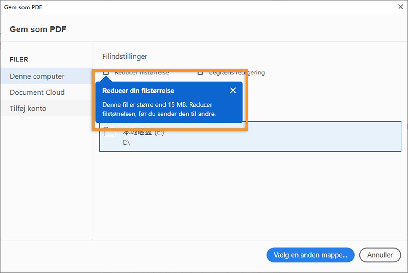Bed om at reducere filstørrelsen, når du gemmer en stor PDF