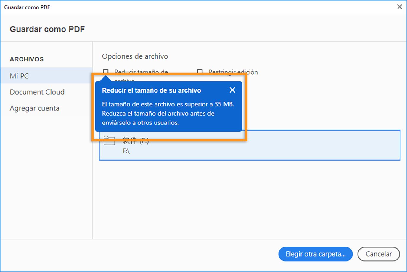 Solicitud de reducción del tamaño del archivo al guardar un PDF grande