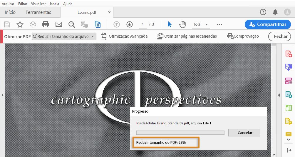 A barra de progresso quando vários PDFs são otimizados