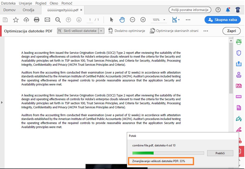 Vrstica napredka, ko je optimiranih več PDF-jev