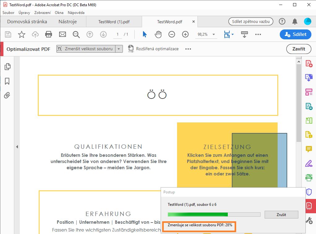 Lišta průběhu při optimalizaci více PDF