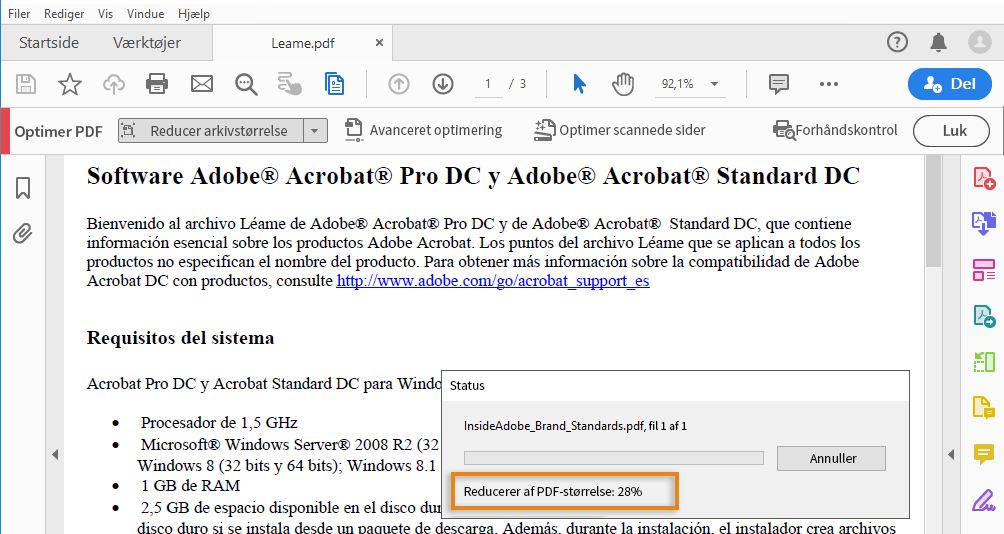 Statuslinjen, når flere PDF'er optimeres