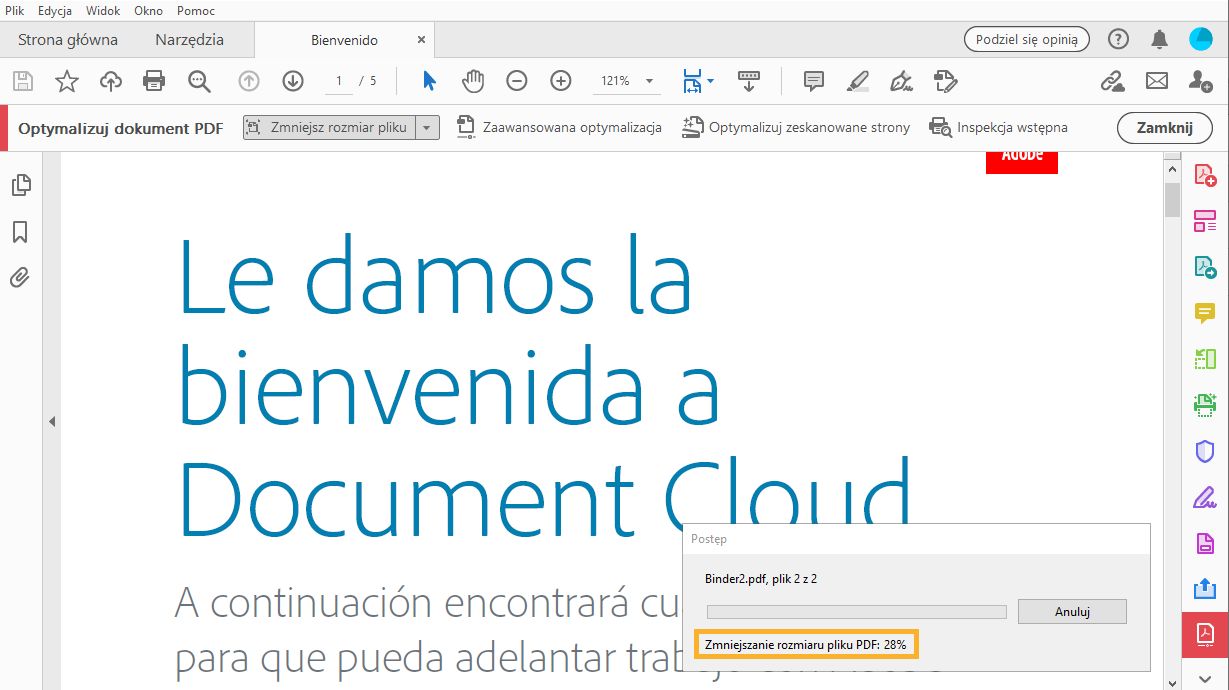 Pasek postępu podczas optymalizacji wielu plików PDF