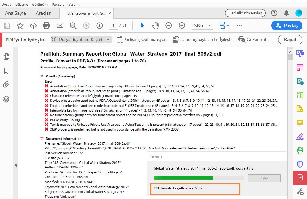 Birden çok PDF optimize edildiğinde ilerleme çubuğu