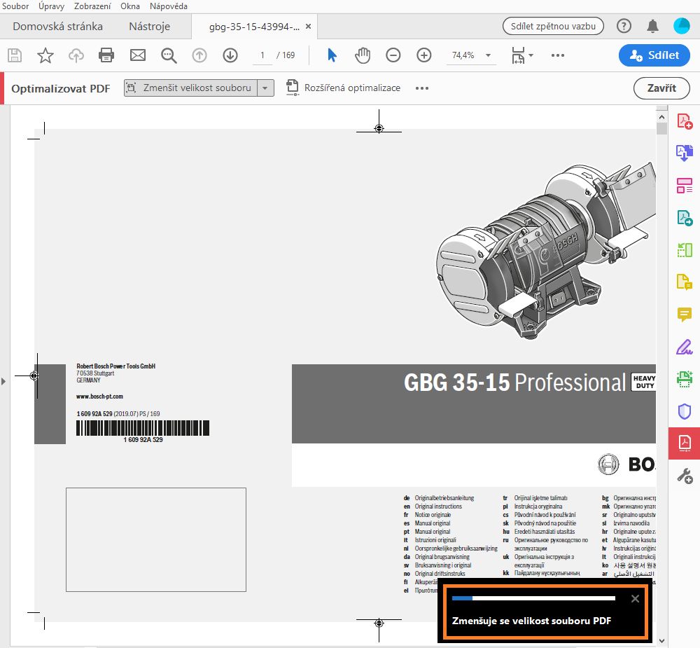 Lišta průběhu při optimalizaci jednoho PDF