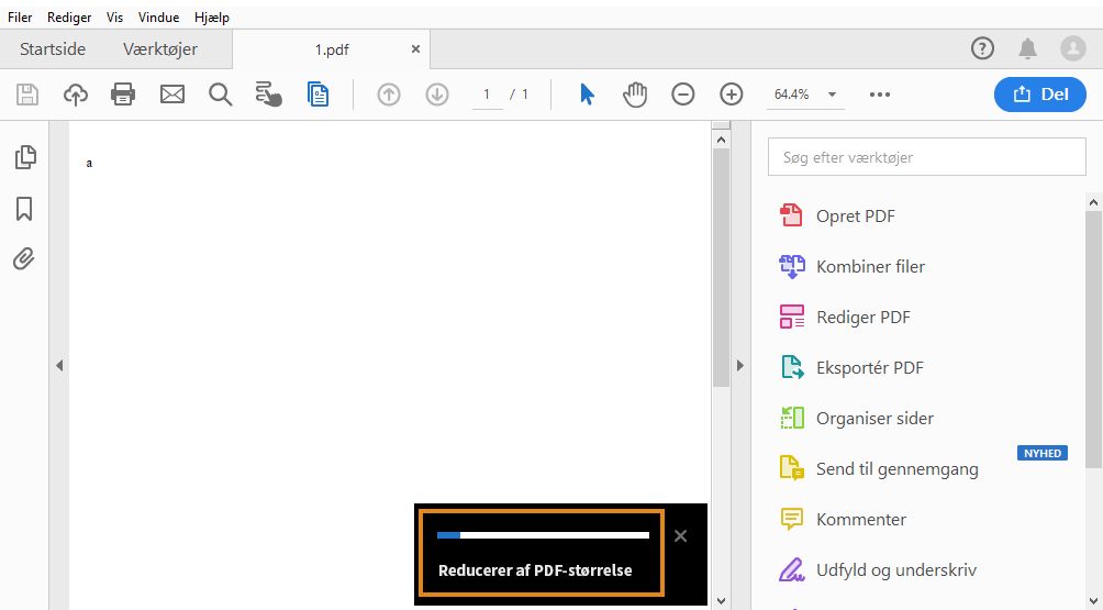 Statuslinjen, når en enkelt PDF optimeres