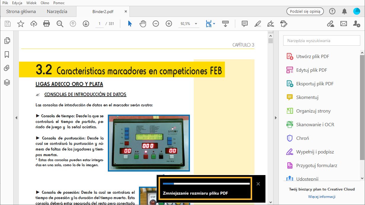 Pasek postępu podczas optymalizacji pojedynczego pliku PDF