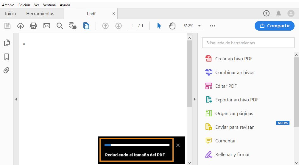Barra de progreso cuando se optimiza un solo PDF