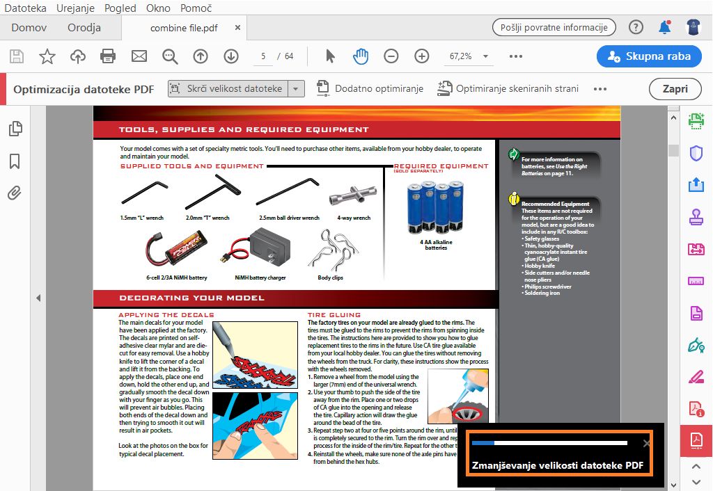 Vrstica napredka, ko je optimiran en sam PDF