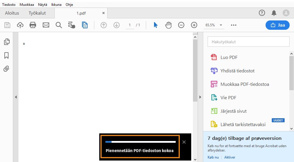 Edistymispalkki yhtä PDF-tiedostoa optimoitaessa